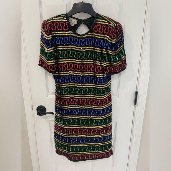 Jennifer Dresses & Skirts - Jennifer Vintage Silk Multicolor Sequin Mini Dress Women’s Size L *Flaws*